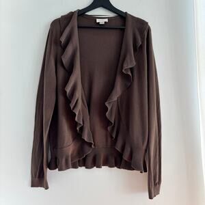 LOFT Brown Ruffle Open Front Cardigan Sweater Size Extra Large 100% Cotton